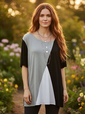 Sarin Mathews XXL 2X Tunic Top Color Block Black White Gray Comfy Mod Retro Boho